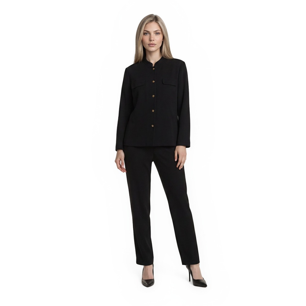 Talbots Pant Top Blouse Set Women's Size 14 Black Mandarin Collar Straight Leg